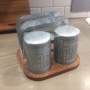 Galvanized and wood napkin, salt and pepper holder